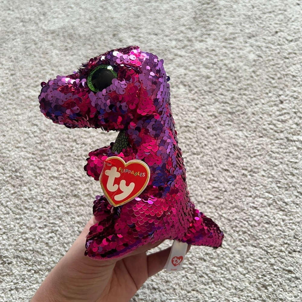 Ty Flippables 7" Stompy the Pink & Purple Dinosaur Color Changing Sequin Plush